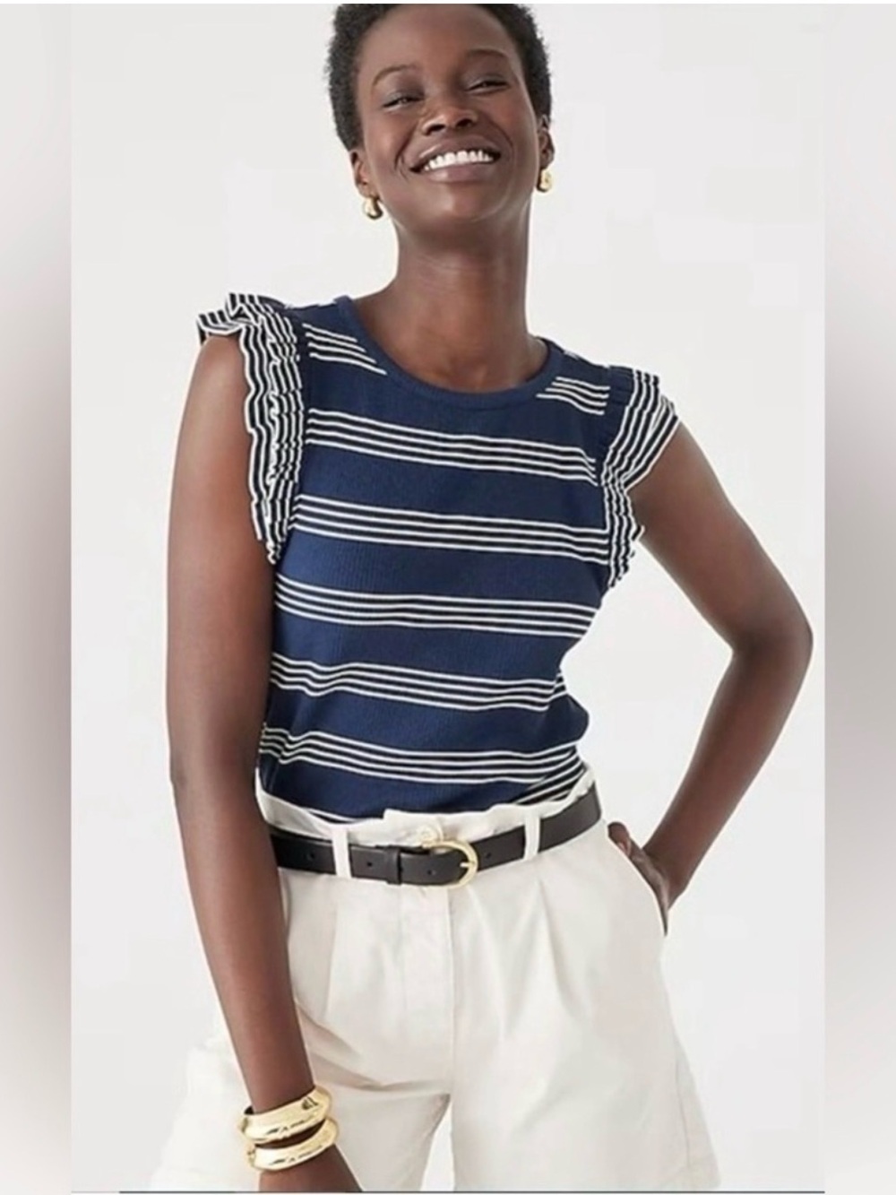 J. Crew Size S Vintage Rib Ruffle Coastal Cap Sleeve Versatile Top Navy White